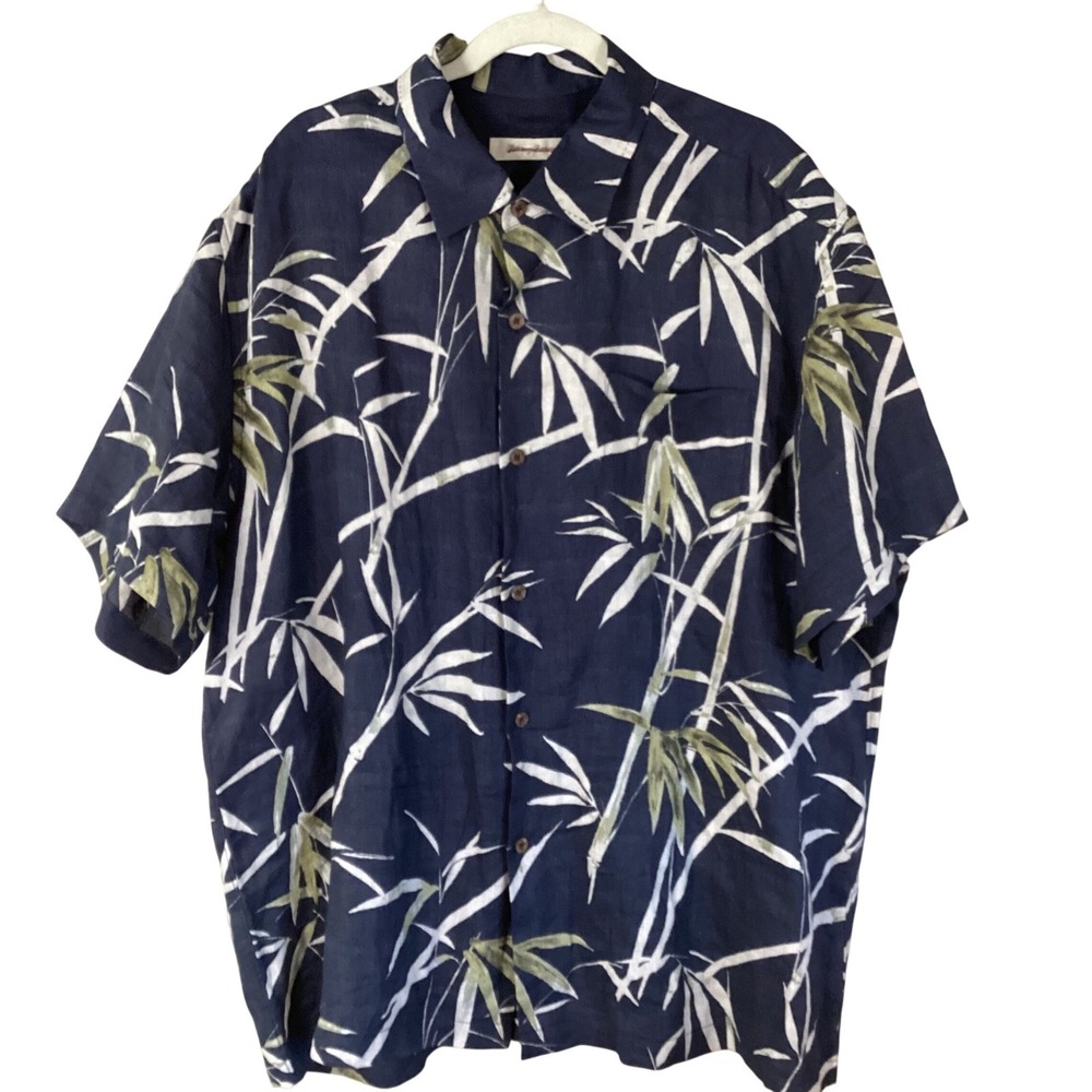 Tommy‎ Bahama Mens XXL Navy Blue Bamboo Leaf Print 100% Linen Camp Shirt TB34841